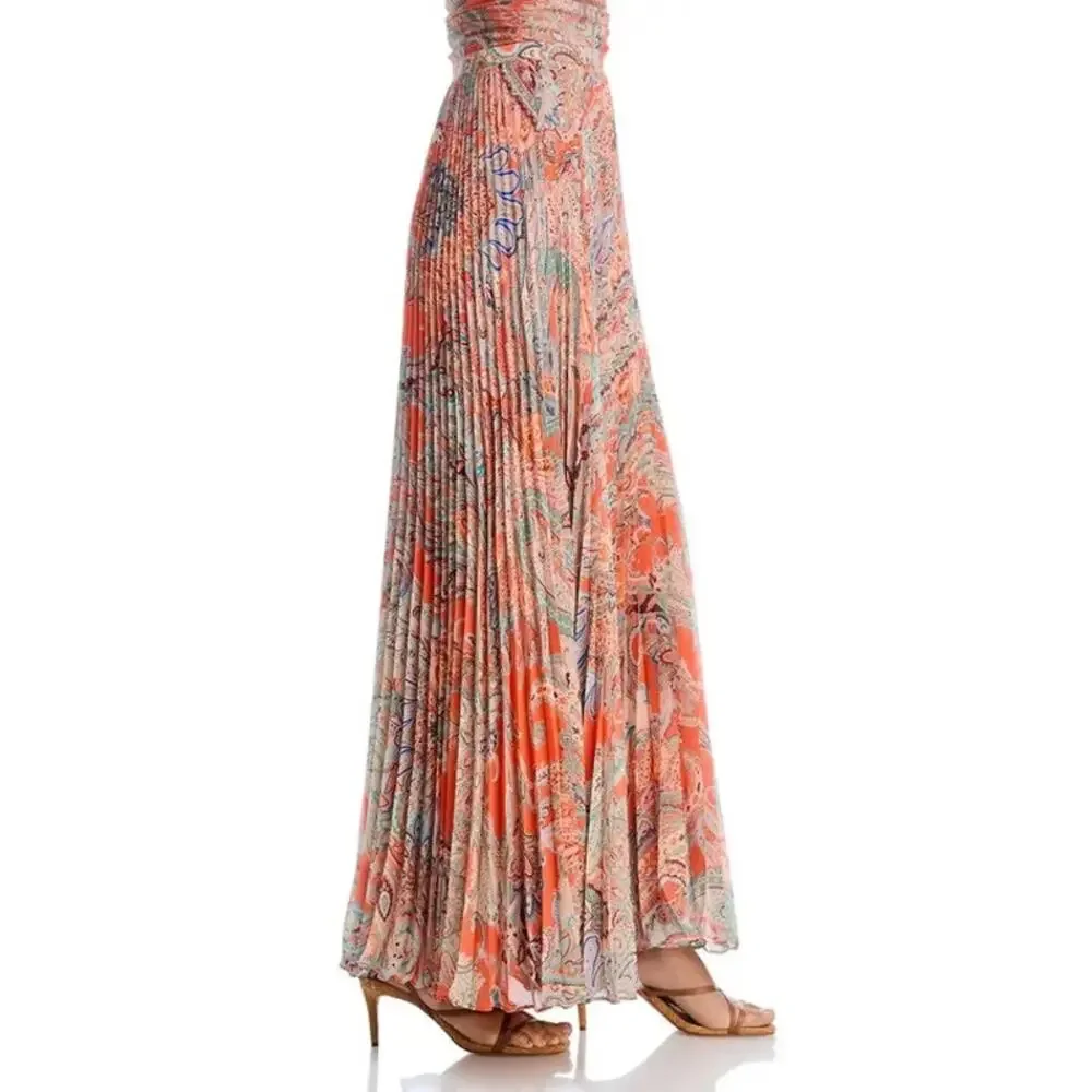 L'AGENCE Women Orange Paisley Pleated Torin Boho A-line Maxi Skirt Size US 4